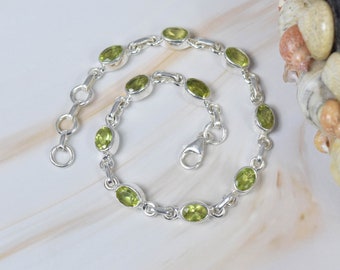 Cut Green Peridot 925 Sterling Silver Gemstone Adjustable Bracelet ~ August Birthstone ~ Handmade Jewelry ~ Gift For Her ~ 10 Stone Bracelet