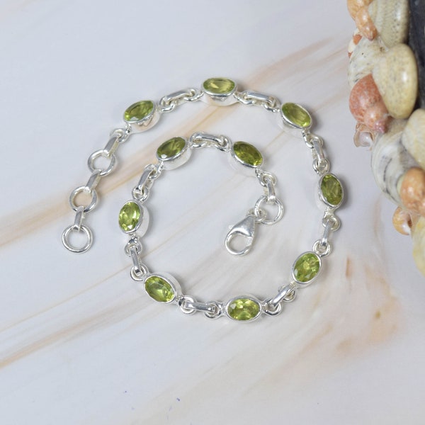 Cut Green Peridot 925 Sterling Silver Gemstone Adjustable Bracelet ~ August Birthstone ~ Handmade Jewelry ~ Gift For Her ~ 10 Stone Bracelet