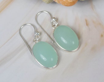 Aqua Chalcedony 925 Sterling Silver Gemstone Hook Earring ~ Simple Earring ~ Oval Shape Jewelry ~ Handmade Jewelry ~ Gift For Her