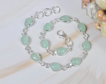 Aqua Chalcedony 925 Sterling Silver Gemstone Adjustable Bracelet ~ Chalcedony Bracelet ~ Pear Shape ~ Gift For Her ~ 11 Stone Bracelet