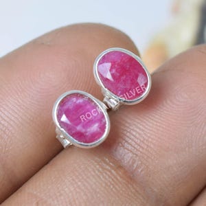 Handmade Oval Red Ruby Stud Earrings: 925 Sterling Silver