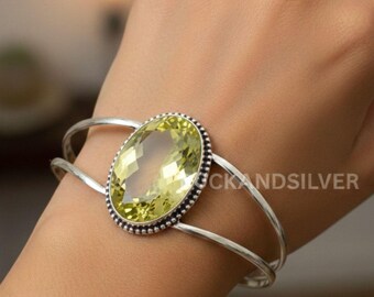 Lemon Quartz 925 Sterling Silver Crystal Handmade Adjustable Bangle