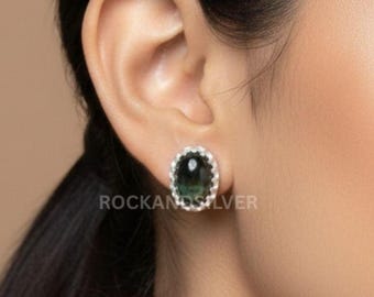 Green Tourmaline Stud Earrings: Handmade 925 Sterling Silver, October Birthstone