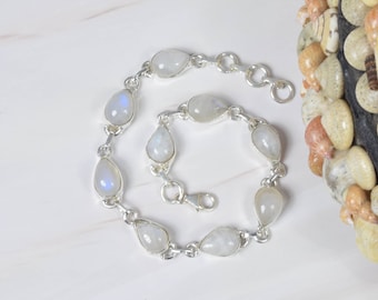 White Rainbow Moonstone 925 Sterling Silver Gemstone Adjustable Bracelet ~ Handmade Jewelry ~ Gift For Christmas ~ Pear Shape Jewelry