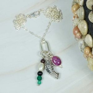 Carnelian 925 Sterling Silver Multi Gemstone Fish Charm Chain Pendant W/ or W/o Chain~ Handmade Jewelry Gift For Christmas ~ 6 Stone Pendant