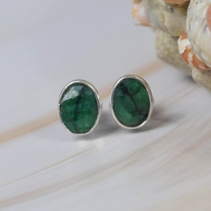 Cut Green Emerald 925 Sterling Silver Gemstone Stud Earring ~ Handmade Jewelry ~ Oval Shape ~ May Month Birthstone ~ Gift For Her