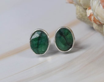 Cut Green Emerald 925 Sterling Silver Gemstone Stud Earring ~ Handmade Jewelry ~ Oval Shape ~ May Month Birthstone ~ Gift For Her