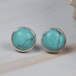 Blue Turquoise 925 Sterling Silver Gemstone 1 Pair Stud Earring, Handmade Jewelry, December Birthstone, Round  Shape, Gift For Birthday
