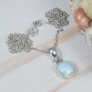 Natural Blue Larimar 925 Sterling Silver Gemstone Chain Pendant W/ or W/o Chain, Square Shape, Handmade Jewelry, Gift For Birthday