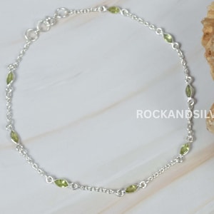 Peridot Anklet: Marquise Gemstone, 925 Sterling Silver, Adjustable