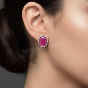 Handmade Oval Red Ruby Stud Earrings: 925 Sterling Silver