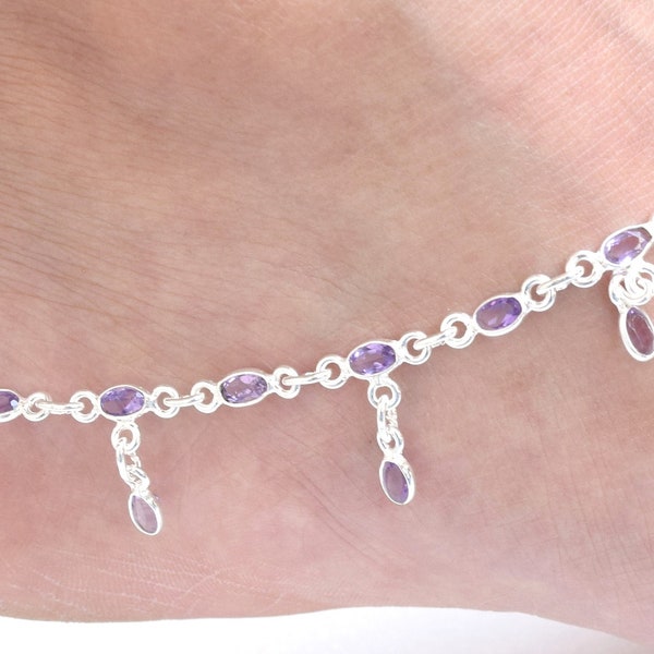 Bracelet de cheville réglable en argent sterling à facettes en argent sterling 925 avec améthyste violette ~ Bijoux faits main ~ Cadeau pour elle