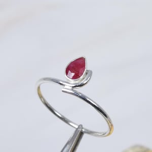 Simulated Ruby 925 Sterling Silver Ring, Pear Shape Red Gemstone Ring, Dainty Silver Ring