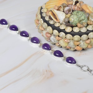 Purple Amethyst 925 Sterling Silver Gemstone Adjustable Pear Bracelet ~ February Month Birthstone ~ Gift For Birthday ~ 7 Stone Bracelet