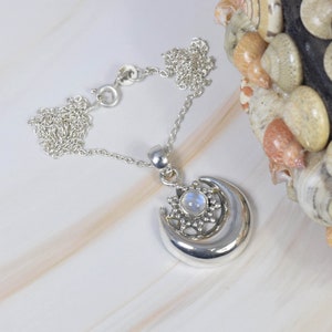 Regenbogen Mondstein 925 Sterling Silber Edelstein Kettenanhänger mit oder ohne Kette ~ Juni Geburtsstein ~ Mond Design Anhänger ~ Geschenk für Sie