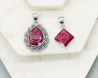 Red Ruby 925 Sterling Silver Pendant, July Birthstone, Boho Necklace