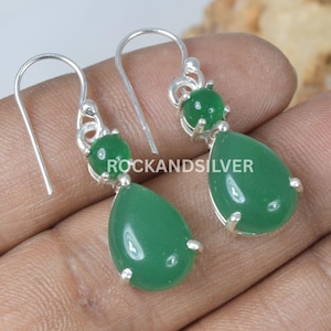 Green Onyx Sterling Silver Hook Earrings: Handmade December Birthstone