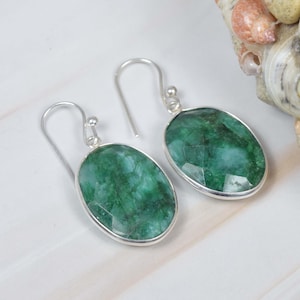 Green Emerald 925 Sterling Silver Gemstone Hook Earring ~ Handmade Jewelry ~ Oval Shape ~ May Birthstone ~ Gift For Christmas