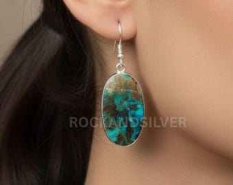 Chrysocolla Earrings: Oval Gemstone, Sterling Silver, December Birthstone