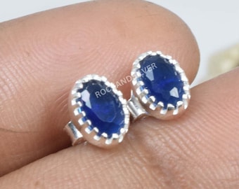 Pendientes de zafiro azul ovalado hechos a mano: plata de ley 925, piedra de nacimiento de septiembre