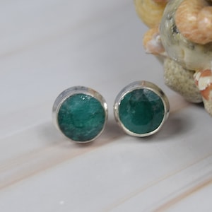 Green Emerald 925 Sterling Silver Gemstone Stud Earring ~ Handmade Jewelry ~ Round Shape ~ Gift For Christmas