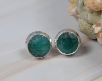 Green Emerald 925 Sterling Silver Gemstone Stud Earring ~ Handmade Jewelry ~ Round Shape ~ Gift For Christmas