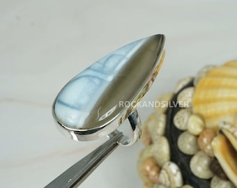 Blue Peruvian Opal Ring: Pear Sterling Silver Gemstone (US-8/ UK-P)