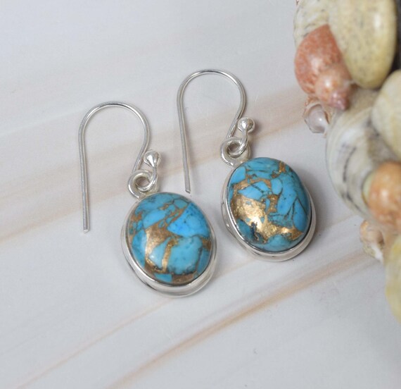 Gioielli Placcati Argento Orecchini Pendenti In Turchese Naturale – Pietra Blu, Forma A Goccia, Placcato | Gioielli Bohemien Gancio Argento - Foto 7
