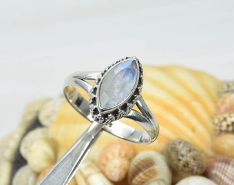 Rainbow Moonstone 925 Sterling Silver Gemstone Ring ~ Handmade Jewelry ~ Marquise Shape Jewelry ~ Gift For Christmas