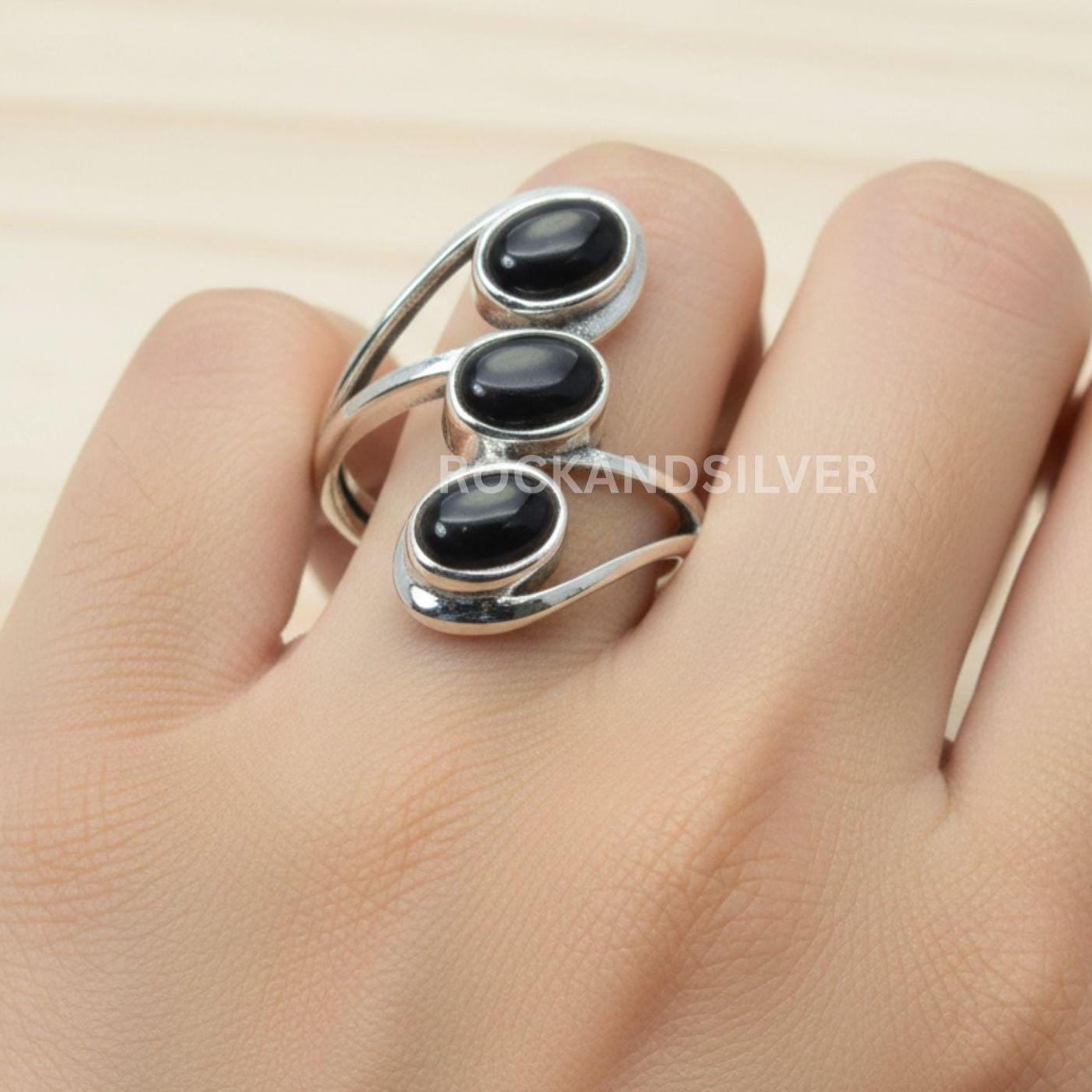 Bague Onyx Noir Argent Sterling - Design Vintage - Taille 59/60