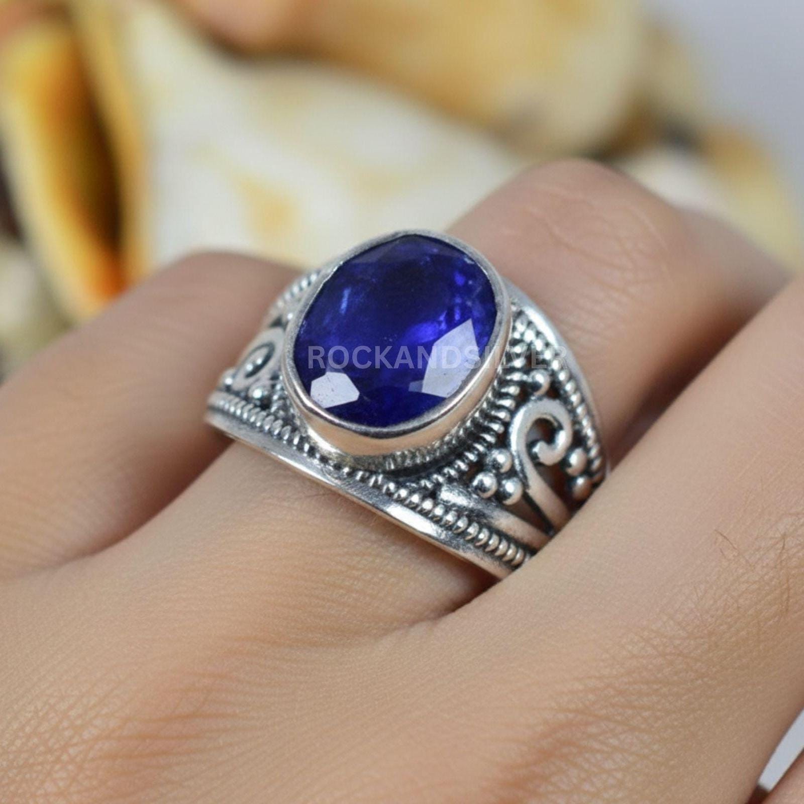 Blue Sapphire Sterling Silver Ring: Oval Faceted Gemstone 