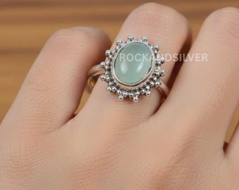 アクアカルセドニースターリングシルバーリング：ハンドメイドオーバル