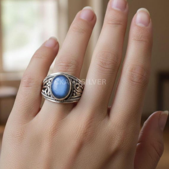 Blue Peruvian Opal Ring: Oval Sterling Silver Handmade Jewelry