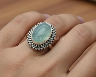 アクアカルセドニースターリングシルバーリング：ハンドメイドオーバル