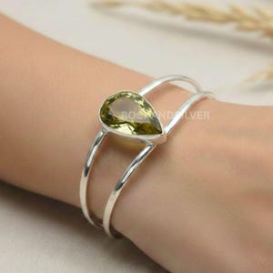 Brazalete ajustable de plata de ley 925 con gema de cuarzo limón amarillo