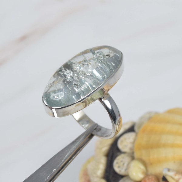 Blauer Crackle Kristall Quarz 925 Sterling Silber Edelstein Ring ~ Handgemachter Schmuck ~ Juni Geburtsstein ~ Ovale Form ~ Geschenk für Ostern