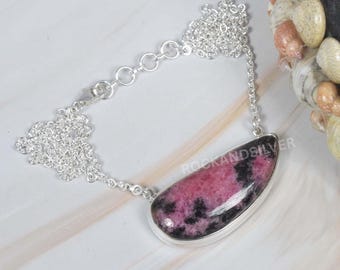Pink Rhodonite Sterling Silver Necklace: Handmade Gemstone Jewelry