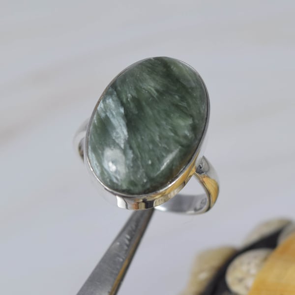 Green Seraphinite 925 Sterling Silver Natural Gemstone Ring, Handmade Jewelry, Oval Shape Ring, Gift For Anniversary, Ring Size US-9/ UK-R