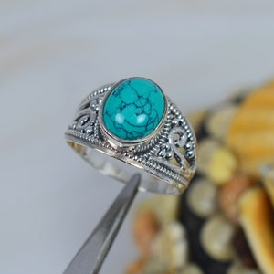 Blue Turquoise 925 Sterling Silver Statement Ring ~ December Month Birthstone Ring ~ Oval Shape Christmas Gift For Her