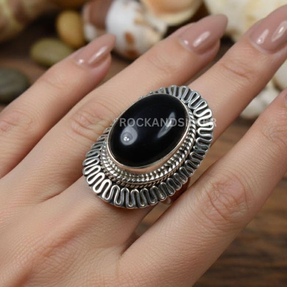 Bague Argent 925 Pierre Onyx Noire Faite Main - Taille 7.5" (19.05 Cm)