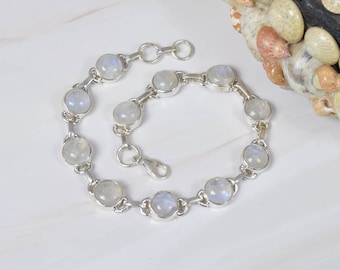 White Rainbow Moonstone 925 Sterling Silver Gemstone Adjustable Bracelet ~ Handmade Jewelry ~ Gift For Christmas ~ Round Shape Jewelry