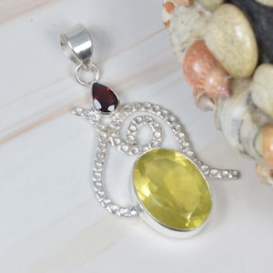 Natural Lemon Quartz 925 Sterling Silver Multi Gemstone Designer Pendant, Garnet, Handmade Jewelry, November Birthstone, Gift For Birthday