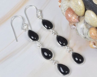 Black Onyx 925 Sterling Silver Gemstone  1 Pair Elegant Hook Earring ~ Handmade Jewelry ~ Gift For Women ~ 3 Stone Earring