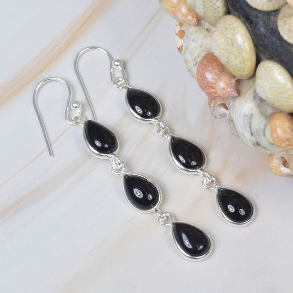 Black Onyx 925 Sterling Silver Gemstone  1 Pair Elegant Hook Earring ~ Handmade Jewelry ~ Gift For Women ~ 3 Stone Earring