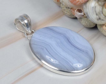 Natural Blue Lace Agate 925 Sterling Silver Gemstone Pendant, May Birthstone, Oval Shape Pendant, Handmade Jewelry, Gift For Christmas