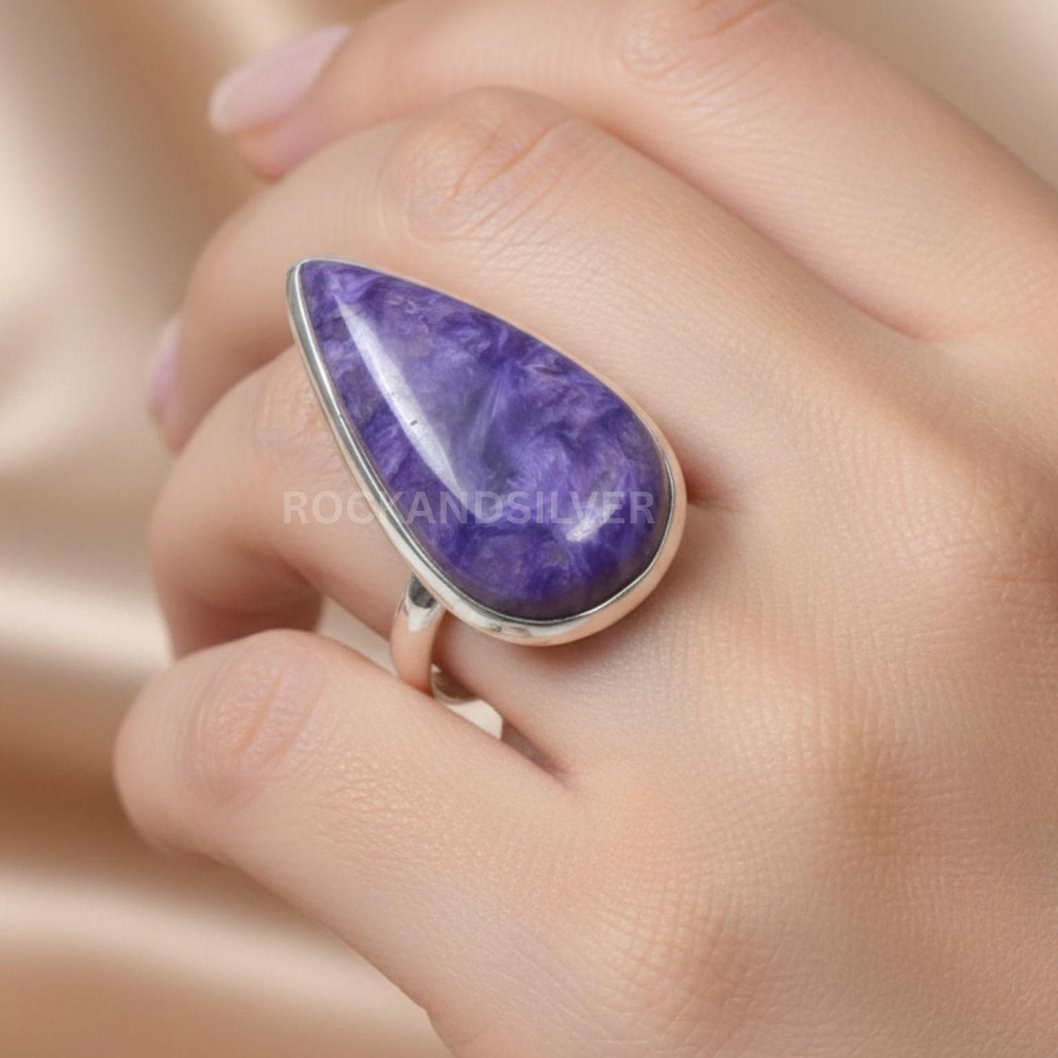 Purple Charoite Ring 925 Sterling Silver Rose Gold Plated Ring, Purple Stone Ring, Engagement Ring, Charoite Wedding Gift Jewelry for Women - New Zealand