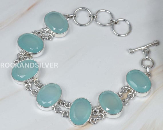 Bracelet En Argent Sterling 925 Avec Calcédoine Verte - Fait Main En Inde - Neuf Sans Emballage