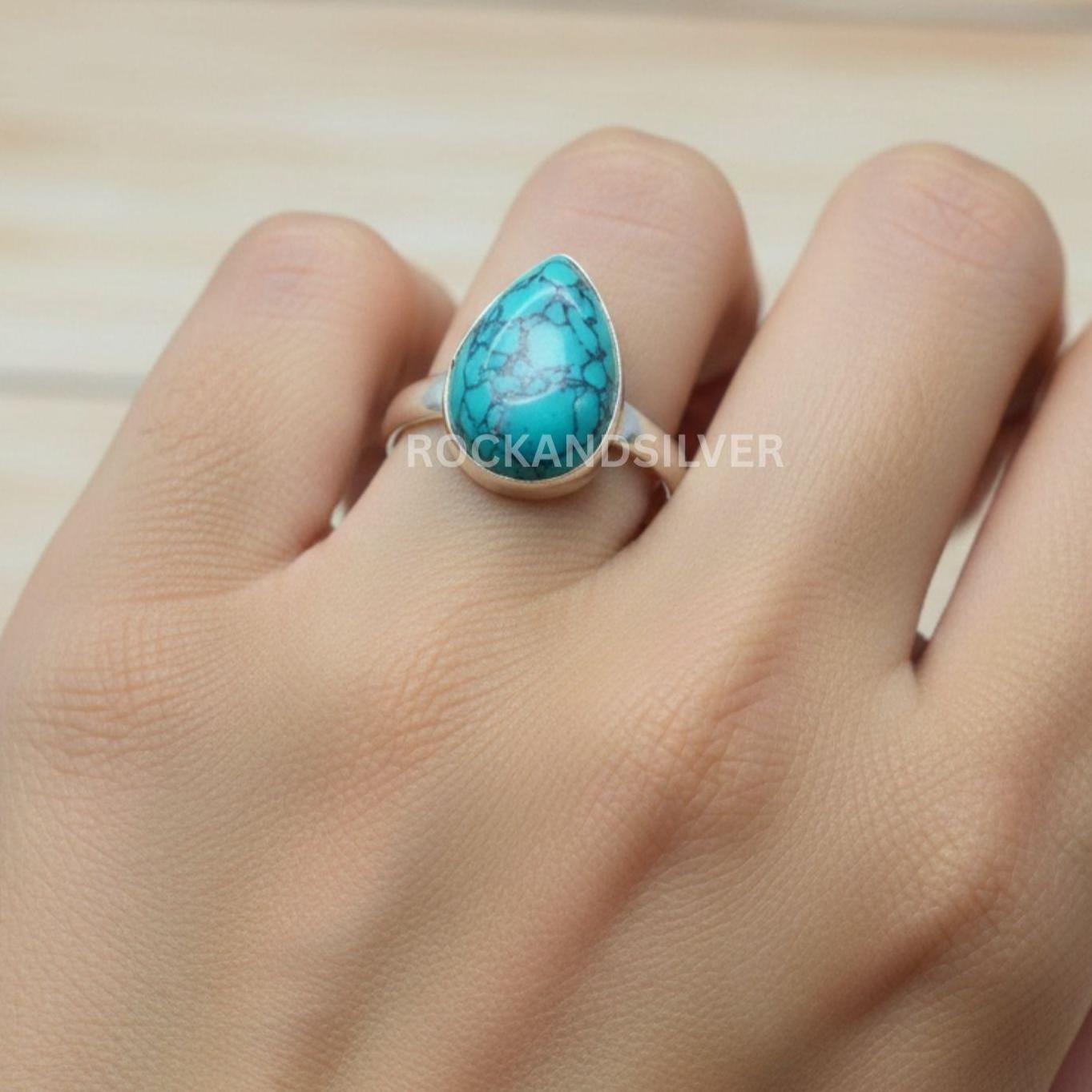 Blue Turquoise 925 Solid Sterling Silver Handmade Pear Shaped Ring
