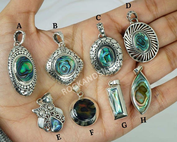 Lotto Di 5 Ciondoli In Conchiglia Abalone Placcati Argento 925, Pietre Preziose Multicolore, Fatti A Mano - Gioielli Etnici Idea Regalo
