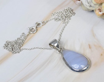 Natural Blue Lace Agate 925 Sterling Silver Gemstone Chain Pendant W/ or W/o Chain ~ May Birthstone ~ Pear Shape Jewelry ~ Gift For Birthday